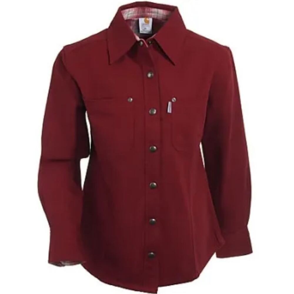 CARHARTT For Women Sz M Dark Red Flannel Lined Snap Up Canvas Shirt Size M